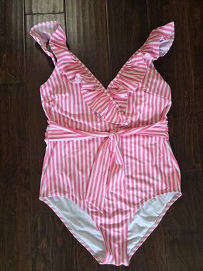 Vineyard Vines Pink and White Striped Ruffle One-Piece Swimsuit